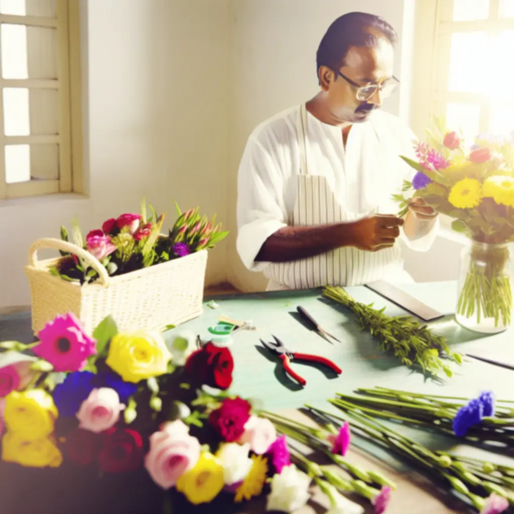 Tehetséges virágkötő munka közben egy virágműhelyben.
