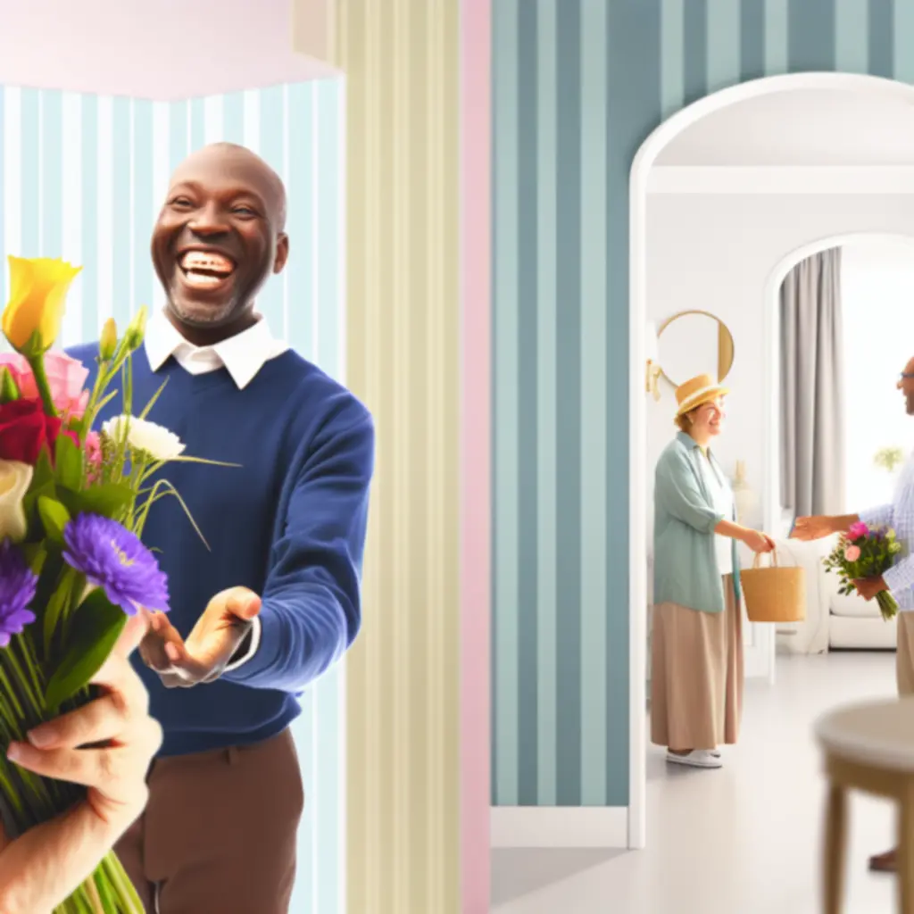 Mosolygó vásárló virágcsokrot vesz át a futártól.