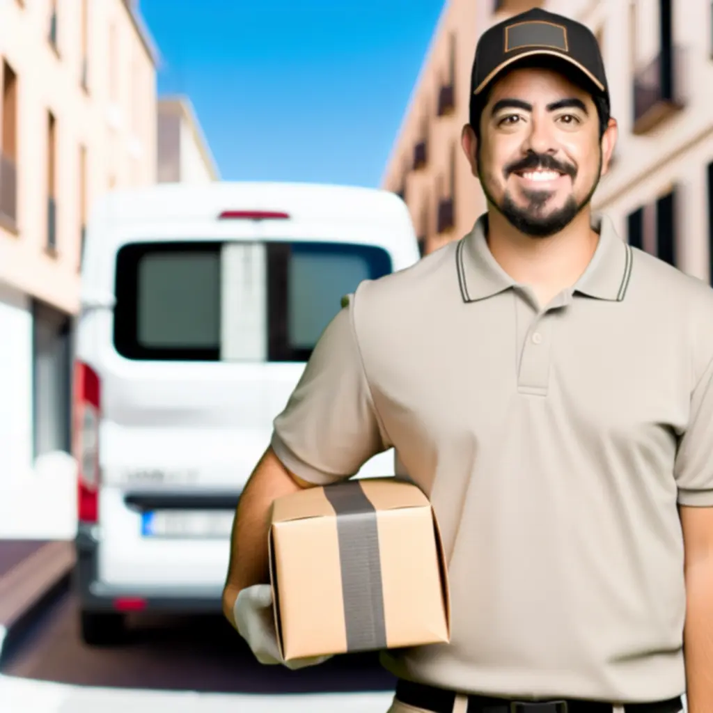 Virágkiszállító autó és mosolygó futár csokorral a kezében.