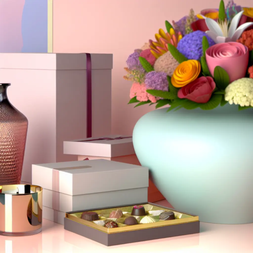 Virágok csokoládéval és gyertyával kombinált ajándékcsomagban